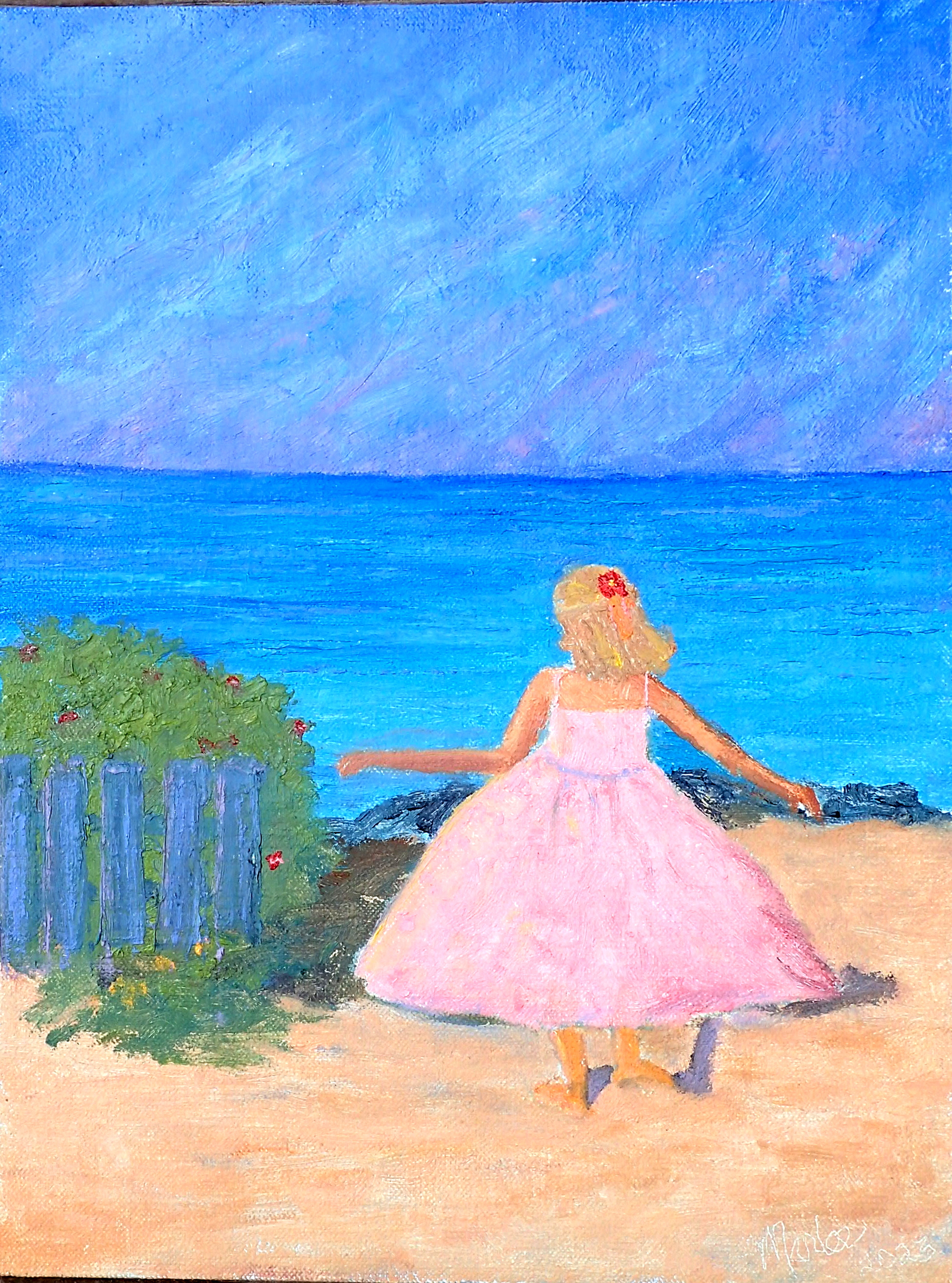 Original Oil on wood backed linen measures 9x12 "   The expression of freedom inspires a twirl on the sand dune on a tropical church morning.